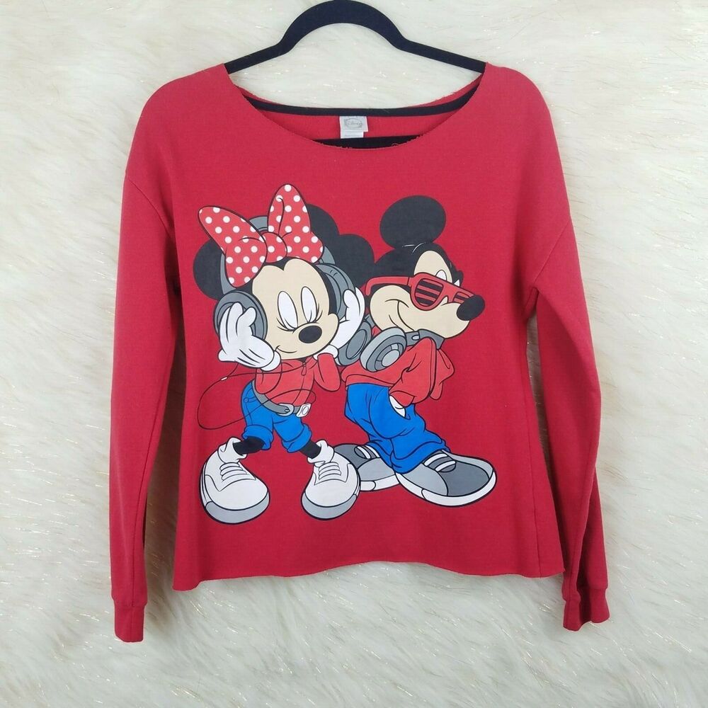 Disney Mickey Mouse Minnie Mouse Headphones Sweatshirt Red Raw Hem Small